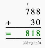 Calculate 788 + 30 using long addition