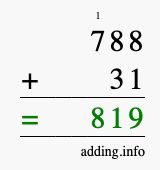 Calculate 788 + 31 using long addition