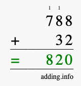 Calculate 788 + 32 using long addition