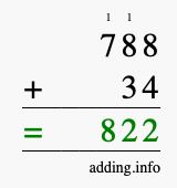 Calculate 788 + 34 using long addition