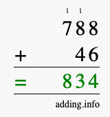 Calculate 788 + 46 using long addition
