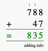 Calculate 788 + 47 using long addition