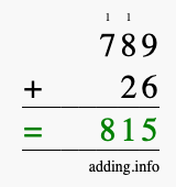 Calculate 789 + 26 using long addition