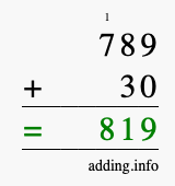 Calculate 789 + 30 using long addition