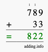 Calculate 789 + 33 using long addition