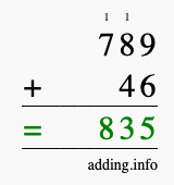 Calculate 789 + 46 using long addition