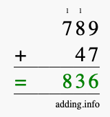Calculate 789 + 47 using long addition