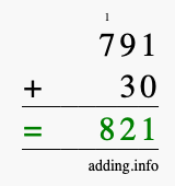 Calculate 791 + 30 using long addition