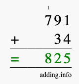 Calculate 791 + 34 using long addition