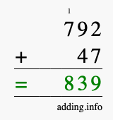 Calculate 792 + 47 using long addition