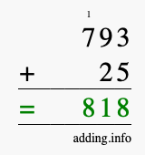 Calculate 793 + 25 using long addition