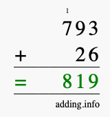 Calculate 793 + 26 using long addition