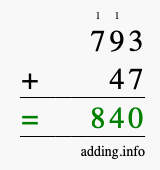 Calculate 793 + 47 using long addition