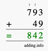 Calculate 793 + 49 using long addition