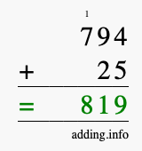 Calculate 794 + 25 using long addition
