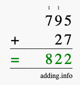 Calculate 795 + 27 using long addition