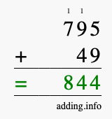 Calculate 795 + 49 using long addition