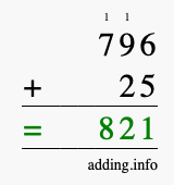 Calculate 796 + 25 using long addition