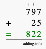 Calculate 797 + 25 using long addition