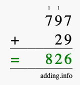 Calculate 797 + 29 using long addition