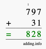 Calculate 797 + 31 using long addition