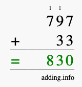 Calculate 797 + 33 using long addition