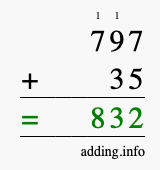 Calculate 797 + 35 using long addition