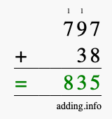Calculate 797 + 38 using long addition