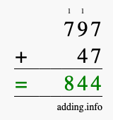 Calculate 797 + 47 using long addition