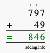 Calculate 797 + 49 using long addition