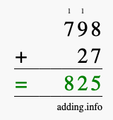 Calculate 798 + 27 using long addition
