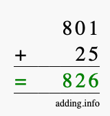 Calculate 801 + 25 using long addition