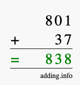 Calculate 801 + 37 using long addition