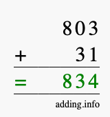 Calculate 803 + 31 using long addition
