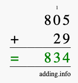 Calculate 805 + 29 using long addition