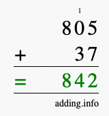 Calculate 805 + 37 using long addition