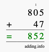 Calculate 805 + 47 using long addition