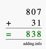 Calculate 807 + 31 using long addition