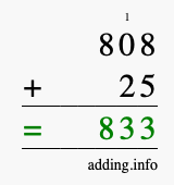 Calculate 808 + 25 using long addition