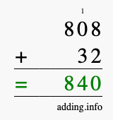 Calculate 808 + 32 using long addition