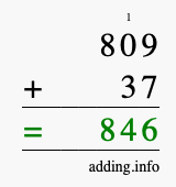 Calculate 809 + 37 using long addition