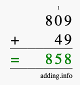 Calculate 809 + 49 using long addition