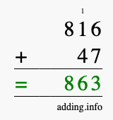 Calculate 816 + 47 using long addition