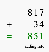 Calculate 817 + 34 using long addition
