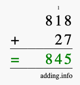 Calculate 818 + 27 using long addition