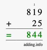 Calculate 819 + 25 using long addition