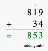 Calculate 819 + 34 using long addition