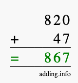 Calculate 820 + 47 using long addition