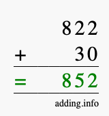 Calculate 822 + 30 using long addition