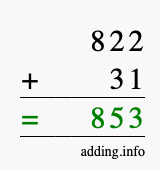Calculate 822 + 31 using long addition